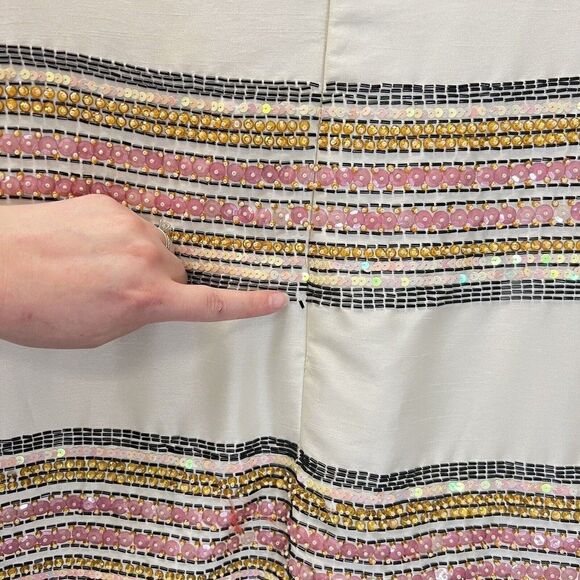 Corey Lynn Calter Anthropologie Beige Striped Beaded Sequin Sheath Dress Size 8 - Picture 7 of 10